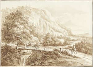 Berglandschaft mit Reisenden auf Eseln, die eine Holzbrücke überqueren