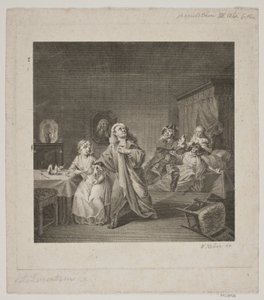 Barselsstuen III. Akt 6. Szene. Gravur nach Lorenzens Holberg Galerie. von WIlhelm Heuer