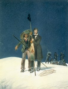 Charles Fellows mit William Hawes, pflanzt einen Stab auf dem Gipfel, eingefügt als Beilage in A Narrative of an Ascent to the Summit of Mont Blanc von Charles Fellows (1799-1860), veröffentlicht 1827 von W.S. Hastings