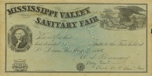 Leeres illustriertes Spendenzertifikat für Spenden auf der Mississippi Valley Sanitary Fair, 7. Mai 1864 von W. A. Rosecrans