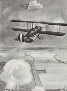 Staffelführer Richard Davies und Flugleutnant Richard Peirse werfen Bomben auf die U-Boot-Station in Zeebrugge unter schwerem Beschuss, 23. Januar 1915