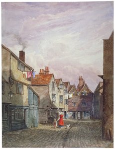 Ansicht einer Frau und eines Kindes, die Crown Court, Bermondsey, London, hinuntergehen, ca. 1825