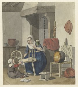 Interieur mit einer spinnenden Frau mit einem Kind