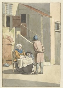 Junge und Frau mit Kind vor einem Haus von W. Barthautz