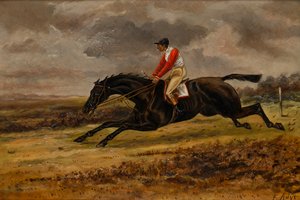 Galoppierendes Pferd mit Jockey in Bradford-Rennfarben, ca. 1839-98 von W. F. Adye