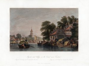 Pagode und Dorf am Kanal in der Nähe von Kanton, China, ca. 1840