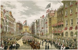 Prozession auf dem Strand, Temple Bar, Strand, London, UK (Farbstich)