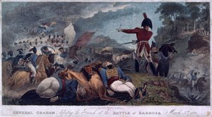 General Graham besiegt die Franzosen in der Schlacht von Barrosa, graviert von J. Edwards, veröffentlicht von Almanack Stationers, 1812 von W. Hal Brooke