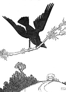 Und schlug mit seinen schwarzen Flügeln gegen die Kutsche, bis sie außer Sicht war, ca. 1930 von William Heath Robinson