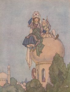 Sie saß den ganzen Tag auf dem Dach ihres Palastes und erwartete ihn, um 1930 von William Heath Robinson