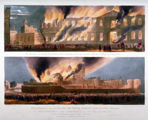 Zwei Ansichten der Zerstörung des Zeughauses im Tower of London durch Feuer
