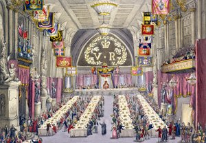Der Gemeindekundige verkündet den Trinkspruch auf die Gesundheit von Königin Victoria bei einem Bankett in der Guildhall, 1837