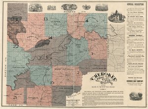 Englisch:  Zeigt die Nummern der Grundstücke/Blöcke und die Namen der Bewohner. Als einzige offizielle Karte von Cherokee County bestätigt. Zwei Blätter zusammengefügt zu 1, auf Leinen aufgezogen. LC Landbesitzkarten, 87 Enthält Text und Abbildungen. Erhäl von W. P. Bullock