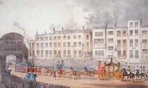 Ansicht von Temple Bar während des Besuchs von Königin Victoria in der City of London im Jahr 1837 von W. R. Browne