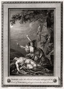 Thisbe nimmt das Schwert, das bereits mit dem Blut von Pyramus trieft, und stürzt es hinein..., 1775 von W. Walker