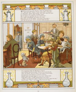 Eine Familie bei Erfrischungen in einem Buffet. Farbige Illustration aus 