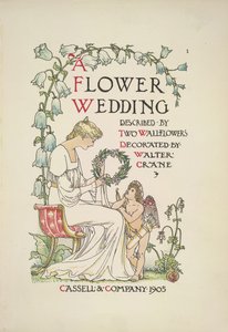 Eine sitzende Frau, die einen Kranz hält; ein Engel schaut zu ihr auf von Walter Crane