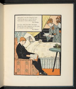 Ein junger Mann sitzt bei seiner Mutter, die im Bett liegt und Suppe isst von Walter Crane