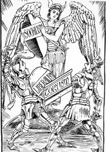 Allegorie von Walter Crane: Der Sozialismus triumphiert hart im Kampf zwischen Liberalismus und Toryismus (Englische Konservative Partei). Stich aus dem späten 19. Jahrhundert.