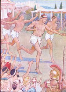 In den frühesten Zeiten war ein einfacher Fußlauf das einzige Ereignis, Illustration aus Die Geschichte Griechenlands, 1930er Jahre von Walter Crane