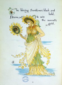 Die Sonnenblume personifiziert in einer jungen Frau in Gelb und Grün gekleidet. Tafel 36 aus "Flora