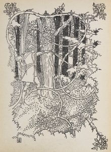 Prinz Charming bahnt sich seinen Weg durch den überwucherten Wald zu Dornröschen von Walter Crane