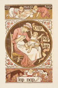 Reimwörter, die mit dem Buchstaben P enden. Eine Illustration, die eine Frau zeigt, die ein Kind füttert. Der goldene Primer. von Walter Crane