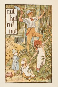 Reimwörter, die mit dem Buchstaben T enden. Eine Illustration, die einen Mann zeigt, der einen Baum fällt. Drei Kinder sind bei ihm. Der goldene Primer.