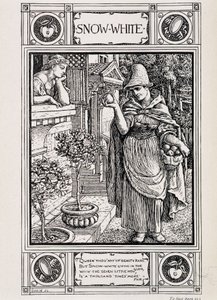 Schneewittchen und die Hexe, die ihren Apfel pflegt - in „Hausmärchen aus der Sammlung der Brüder Grimm“, aus dem Deutschen übersetzt von Lucy Crane, London Macmillan & Co. Ltd von Walter Crane