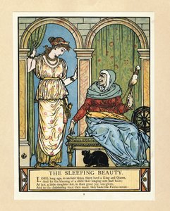 Die Prinzessin lernt spinnen, aus dem Bilderbuch „Blaubart“, veröffentlicht 1879 von Walter Crane