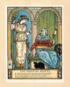 Die Prinzessin lernt spinnen, aus dem Blue Beard Picture Book (1879) von Walter Crane