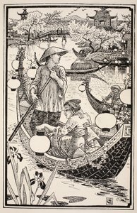 Als der Abend kam, stiegen sie wieder in ihr Boot und schmückten es von Bug bis Heck mit Blumen, Illustration aus 