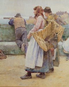 In einem kornischen Fischerdorf: Abfahrt der Flotte nach Norden, Detail von zwei Fischweibern, 1886 (Detail)