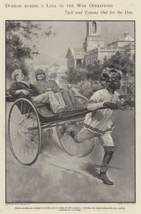 Britischer Matrose und Soldat fahren in einer Rikscha durch die Straßen von Durban während einer Kampfpause im Burenkrieg von Walter Paget