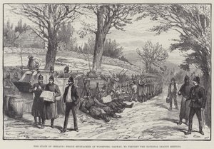 Der Zustand Irlands, Polizei biwakiert in Woodford, Galway, um das Treffen der National League zu verhindern von Walter Paget
