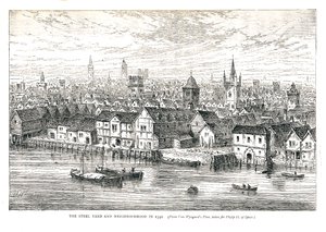 The Steel Yard Iron Wharf und Umgebung im Jahr 1540. Am Flussufer, 1878 von Walter Thornbury