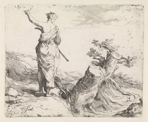 Landschaft mit Frau bei einem Baumstumpf