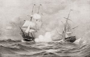 Der Kampf zwischen USS Constitution und HMS Guerriere, während des Krieges von 1812, etwa 400 Meilen südöstlich von Halifax, Nova Scotia, aus Die Geschichte unseres Landes, veröffentlicht 1905 von Warren Sheppard