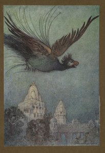 Tafel 10: "Ein riesiger Vogel kommt offenbar aus dem Palast", aus Folk-Tales of Bengal ... Mit 32 Illustrationen in Farbe von Warwick Goble (Edition de luxe.) 1914 von Warwick Goble