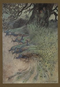Tafel 11: "Hunderte von Pfauen mit prächtigen Federn kamen zu den Dämmen, um das Khai zu essen", aus Folk-Tales of Bengal ... Mit 32 Illustrationen in Farbe von Warwick Goble (Edition de luxe) von Warwick Goble