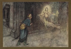 Tafel 13: "Er sah eine schöne Frau aus dem Palast kommen", aus Folk-Tales of Bengal ... Mit 32 Illustrationen in Farbe von Warwick Goble (Edition de luxe) 1914 von Warwick Goble