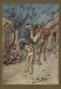 Tafel 16: "Der Kamel-Treiber stieg ab, band das Kamel an den Baum an Ort und Stelle und begann zu rauchen." aus Folk-Tales of Bengal ... Mit 32 Illustrationen in Farbe von Warwick Goble. (Edition de luxe.). 1914