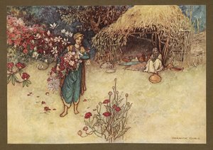 Tafel 17: "Bei Tagesanbruch pflückte er Blumen als Erster", aus Folk-Tales of Bengal ... Mit 32 Illustrationen in Farbe von Warwick Goble. (Edition de luxe) von Warwick Goble