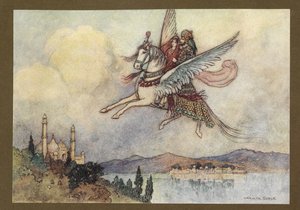 Tafel 20: "Die Dame, der König und Hiraman erreichten die Hauptstadt des Königs sicher und wohlbehalten", aus Folk-Tales of Bengal ... Mit 32 Illustrationen in Farbe von Warwick Goble (Edition de luxe.) von Warwick Goble