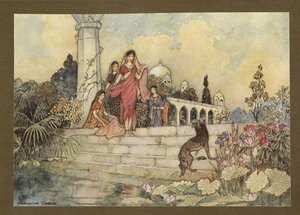 Tafel 23: "Der Schakal ... öffnete sein Bündel Betelblätter, steckte einige in den Mund und begann zu kauen", aus Folk-Tales of Bengal... Mit 32 Illustrationen in Farbe von Warwick Goble (Edition de luxe.) von Warwick Goble