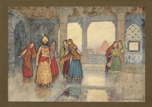 Tafel 25: "Die sechs Königinnen versuchten, ihn zu trösten", aus Folk-Tales of Bengal ... Mit 32 Illustrationen in Farbe von Warwick Goble. (Edition de luxe.) 1914