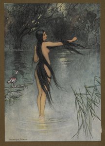Tafel 29: "Als sie aus dem Wasser kam, war eine Veränderung an ihr zu sehen!", aus Folk-Tales of Bengal ... Mit 32 Illustrationen in Farbe von Warwick Goble (Edition de luxe.). 1914