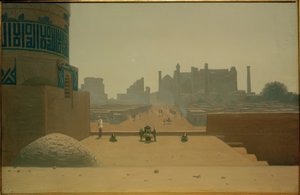 Hauptstraße in Samarkand von der Zitadelle am Morgen
