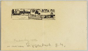 Flusslandschaft mit Boot und ummauerter Stadt