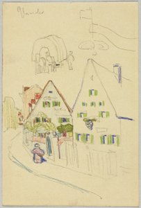 Gasse mit Satteldachhäusern und Planwagen